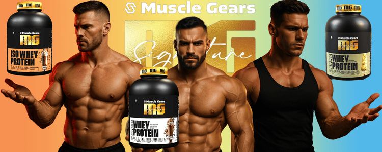 Three muscular men with Muscle Gears whey protein containers on a colorful background