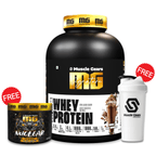 Muscle Gears whey protein supplement with a shaker and free sample on a white background