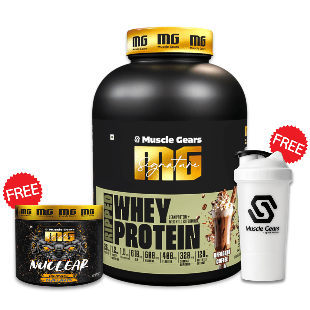 Muscle Gears whey protein supplement with a shaker and sample container on a white background