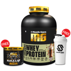 Muscle Gears whey protein supplement with a shaker and sample container on a white background