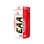 A container of Muscle Gears EAA Essential Amino Acids, 300g, primarily red and white in color with product information and branding visible.