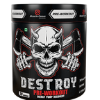 A container of Muscle Gears Destroy Pre-Workout supplement with a pre-workout energy pump recovery label, featuring a graphic of a skull with crossbones.