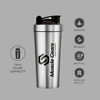 A stainless steel shaker cup with a black lid and logo of Muscle Gears brand, featuring volume markings and product features like no leaks, no drips, and premium quality.