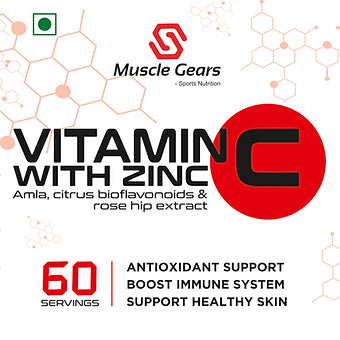 Muscle Gears Vitamin C with Zinc 60 Tablets | Amla, Bioflavonoids & Rose Hip | Immune & Antioxidant Support