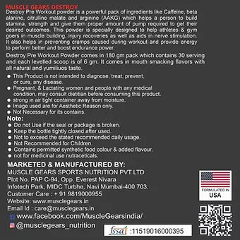 Muscle Gears Destroy Pre-Workout Supplement with Caffeine & L-Arginine for Energy, Pump, Focus & Endurance (180g)