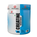 A container of Muscle Gears Creatine Monohydrate Supplement with blue and white branding, indicating 100 servings.