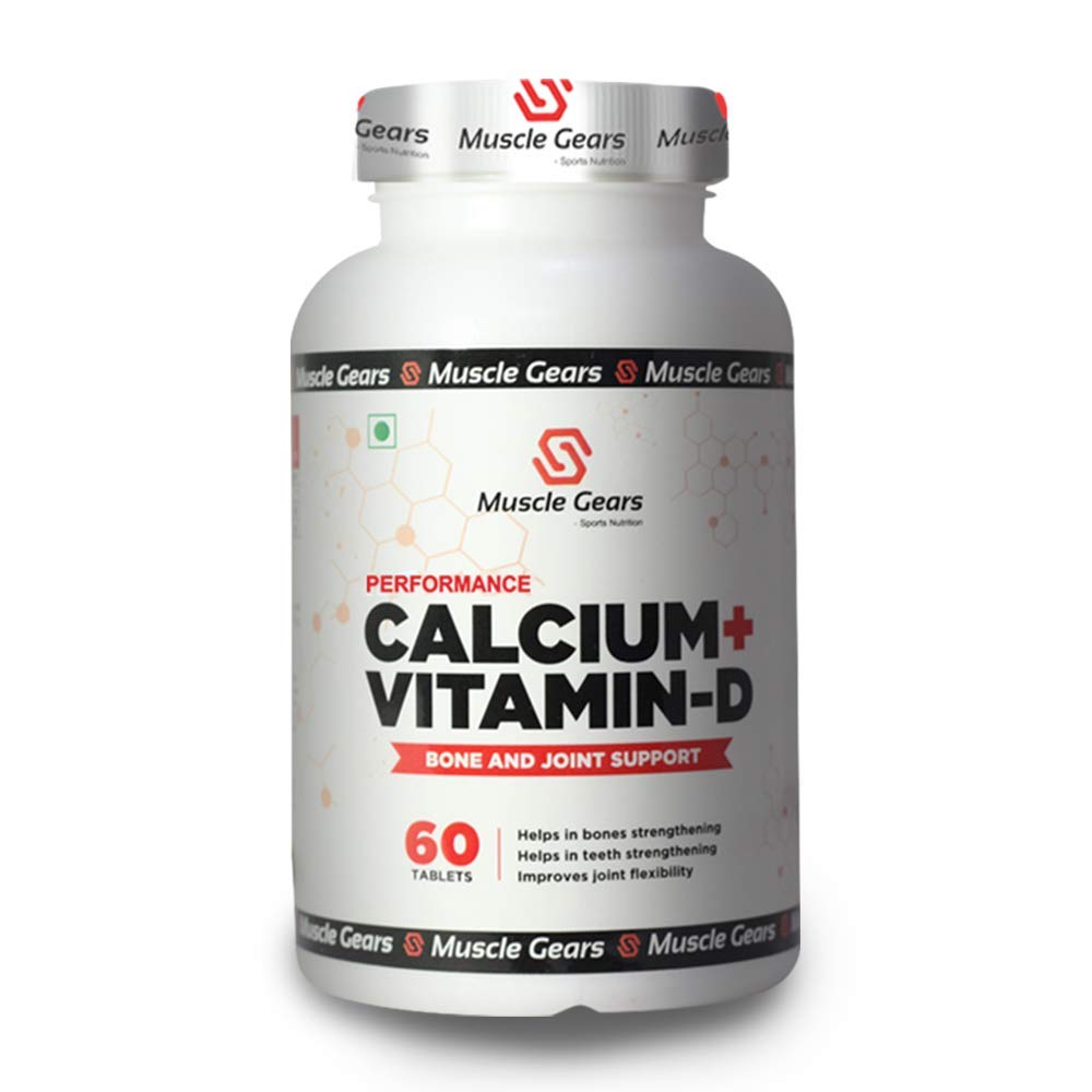 Muscle Gears Calcium+Vitamin D supplement bottle on a white background