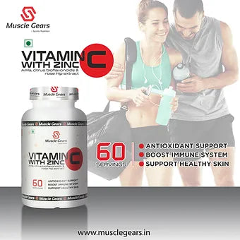 Muscle Gears Vitamin C with Zinc 60 Tablets | Amla, Bioflavonoids & Rose Hip | Immune & Antioxidant Support