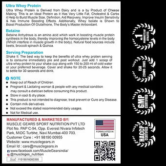 Muscle Gears Ultra Whey Protein Powder Zero Sugar, 24g Protein, 4g BCAA for Muscle Growth & Recovery