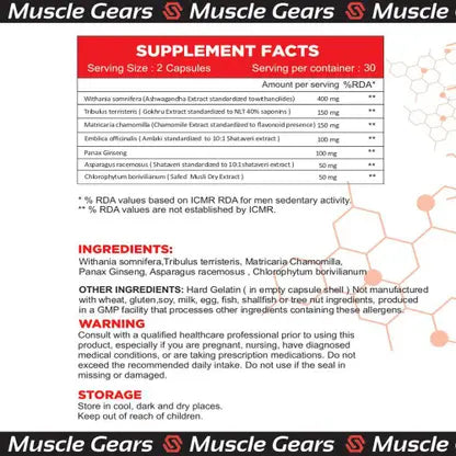 Supplement facts label for Muscle Gears product with detailed ingredient list and warnings.