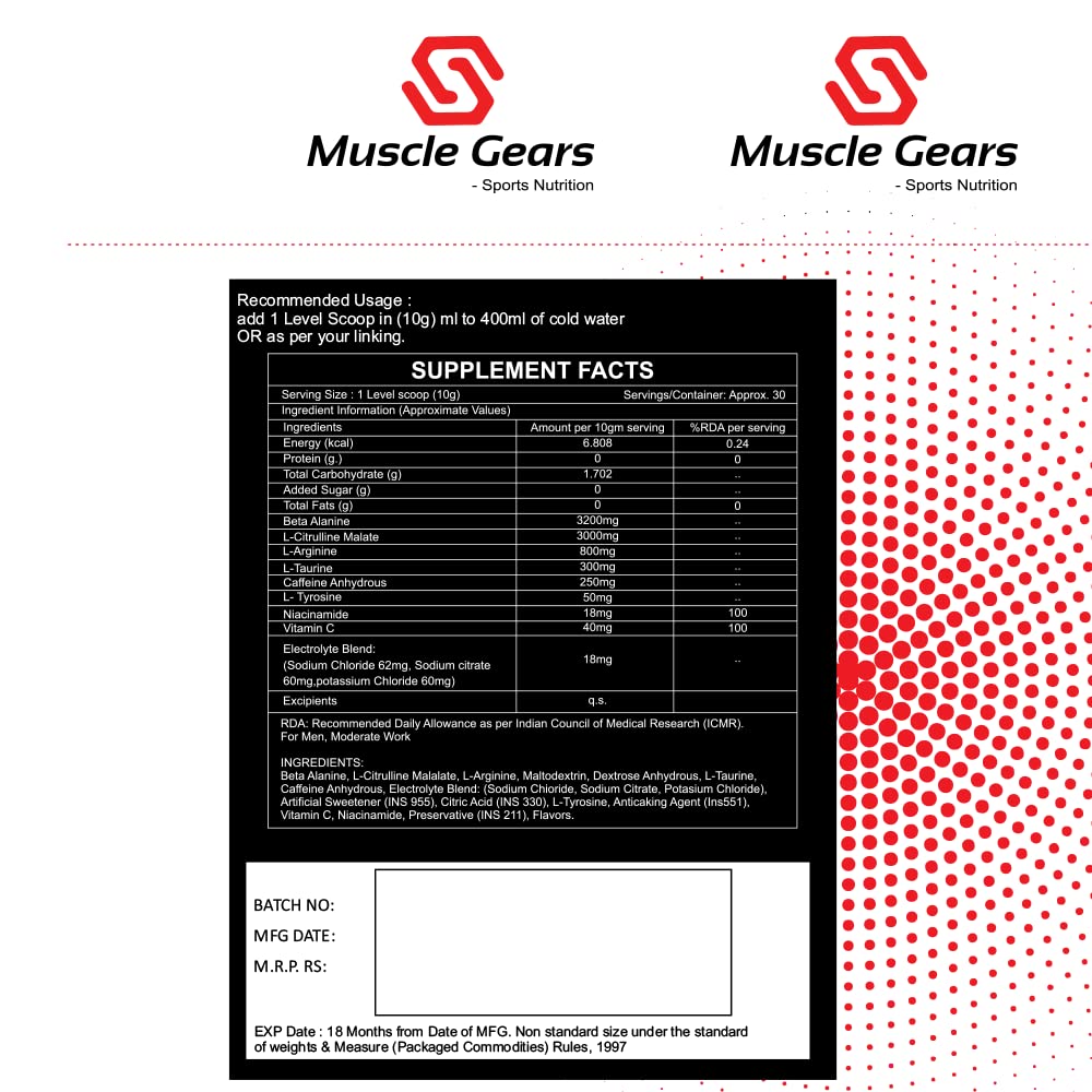 Muscle Gears BLAST Pre-Workout Supplement with Caffeine, L-Arginine & Beta-Alanine for Energy, Pump & Endurance