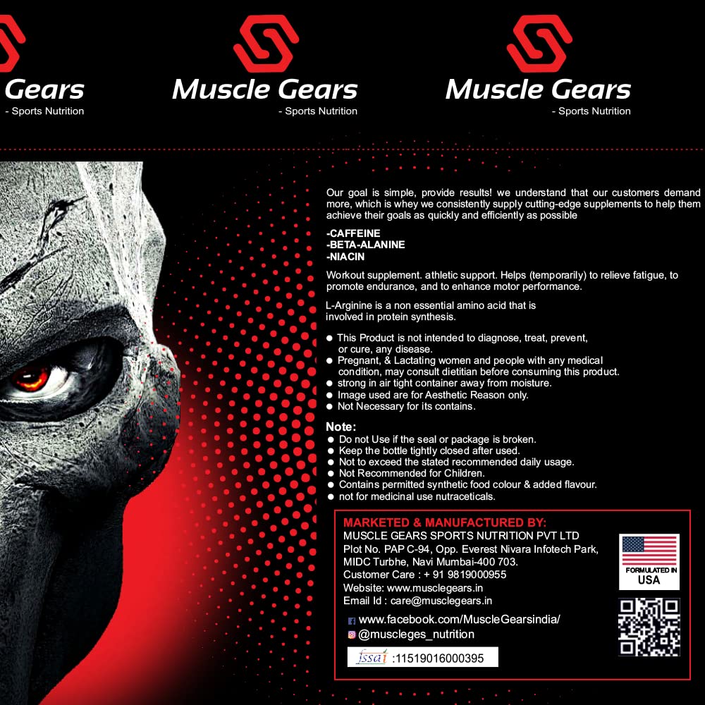 Muscle Gears BLAST Pre-Workout Supplement with Caffeine, L-Arginine & Beta-Alanine for Energy, Pump & Endurance