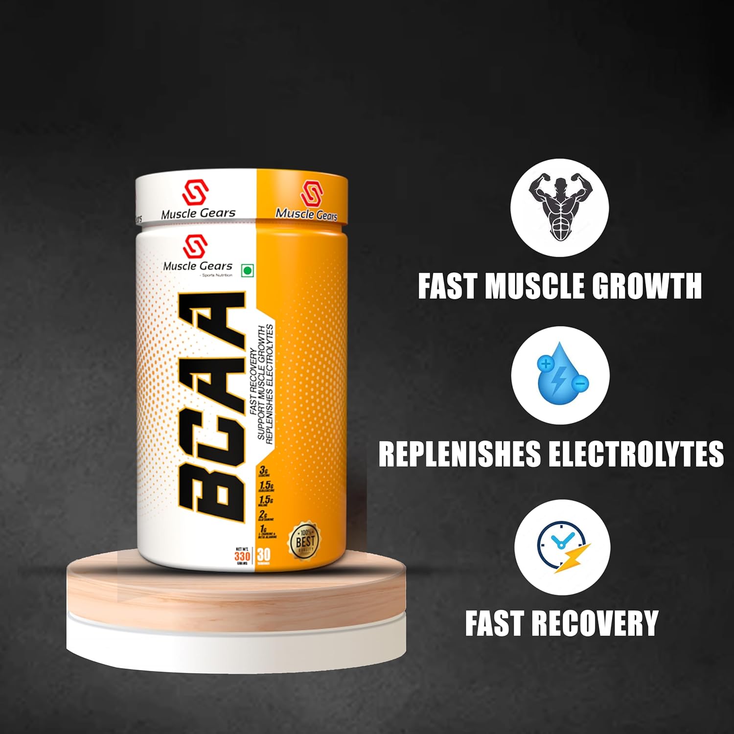 Muscle Gears BCAA 2:1:1 Amino Acid Formula with Electrolytes & L-Glutamine | Supports Muscle Recovery, Lean Muscle Growth & Hydration | Intra-Workout Endurance Drink | 30 Servings (330g)