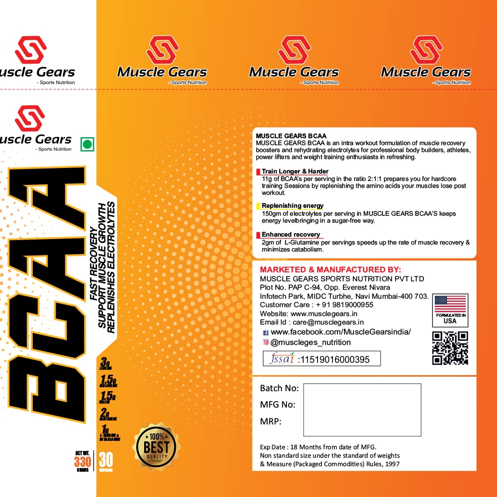 Muscle Gears BCAA supplement packaging with orange and white design