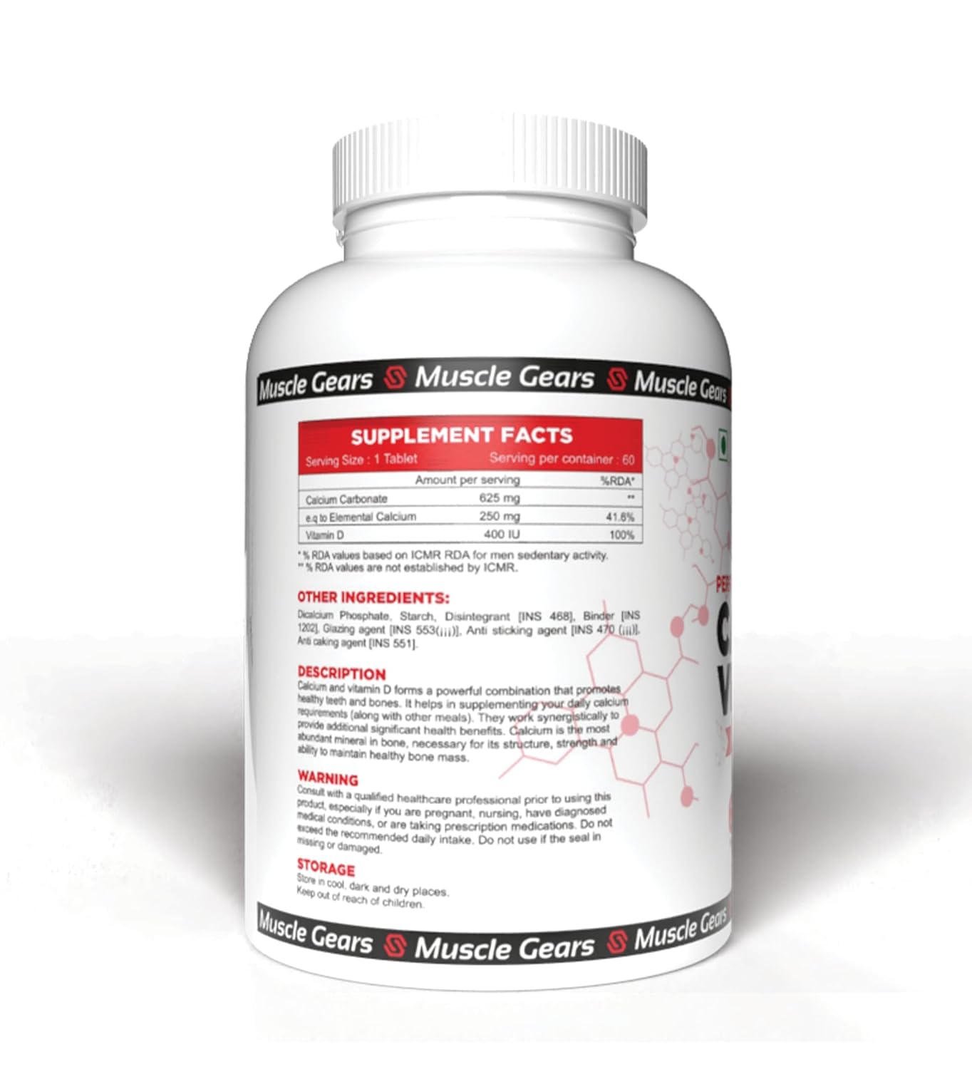 Supplement bottle with 'Muscle Gears' branding on a white background