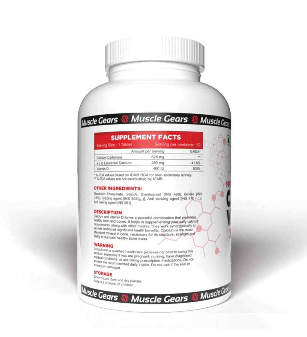 Supplement bottle with 'Muscle Gears' branding on a white background