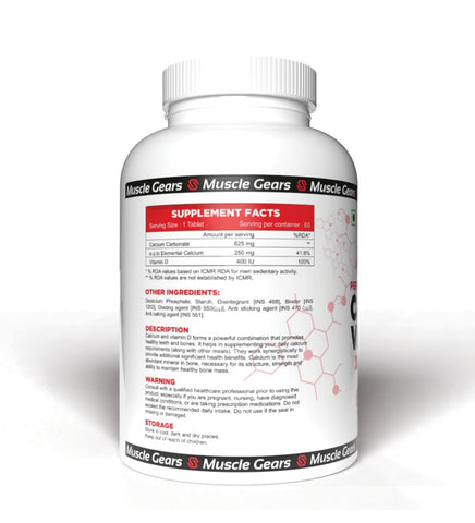 Supplement bottle with 'Muscle Gears' branding on a white background