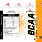 Muscle Gears BCAA supplement packaging with nutritional information and branding.
