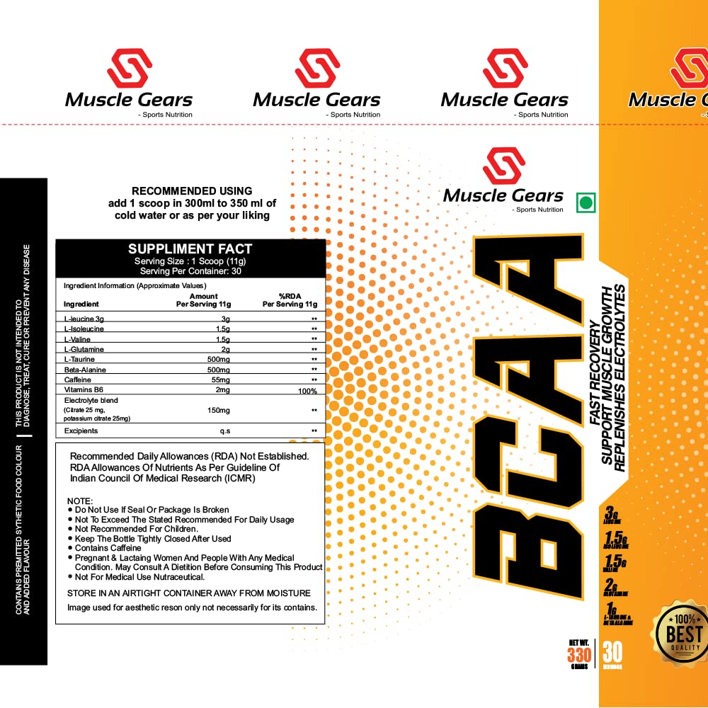 Muscle Gears BCAA supplement packaging with nutritional information and branding.