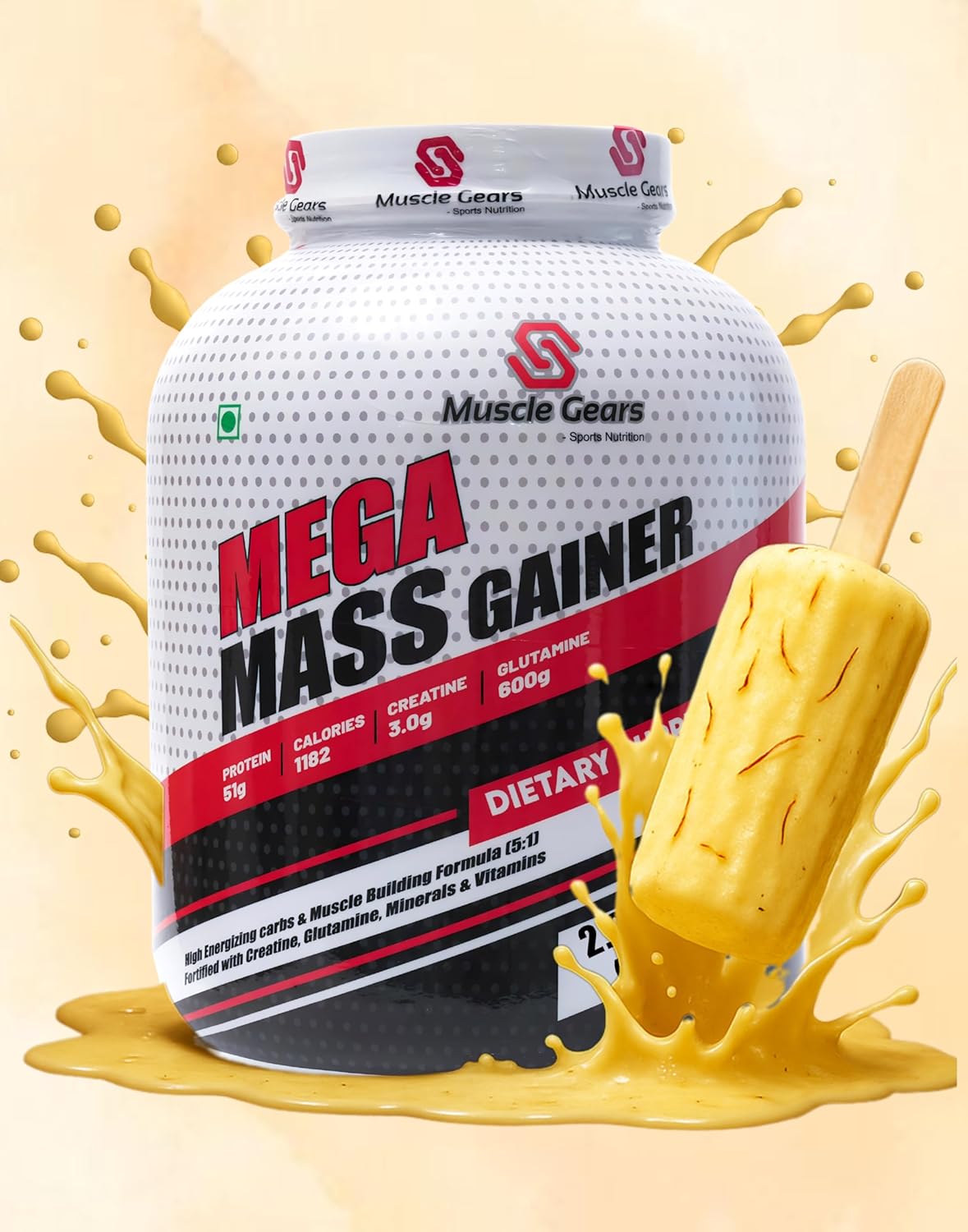 Muscle Gears Mega Mass Gainer for Weight Gain & Muscle Building, High-Calorie Carb-Protein Formula, Malai Kulfi Flavour