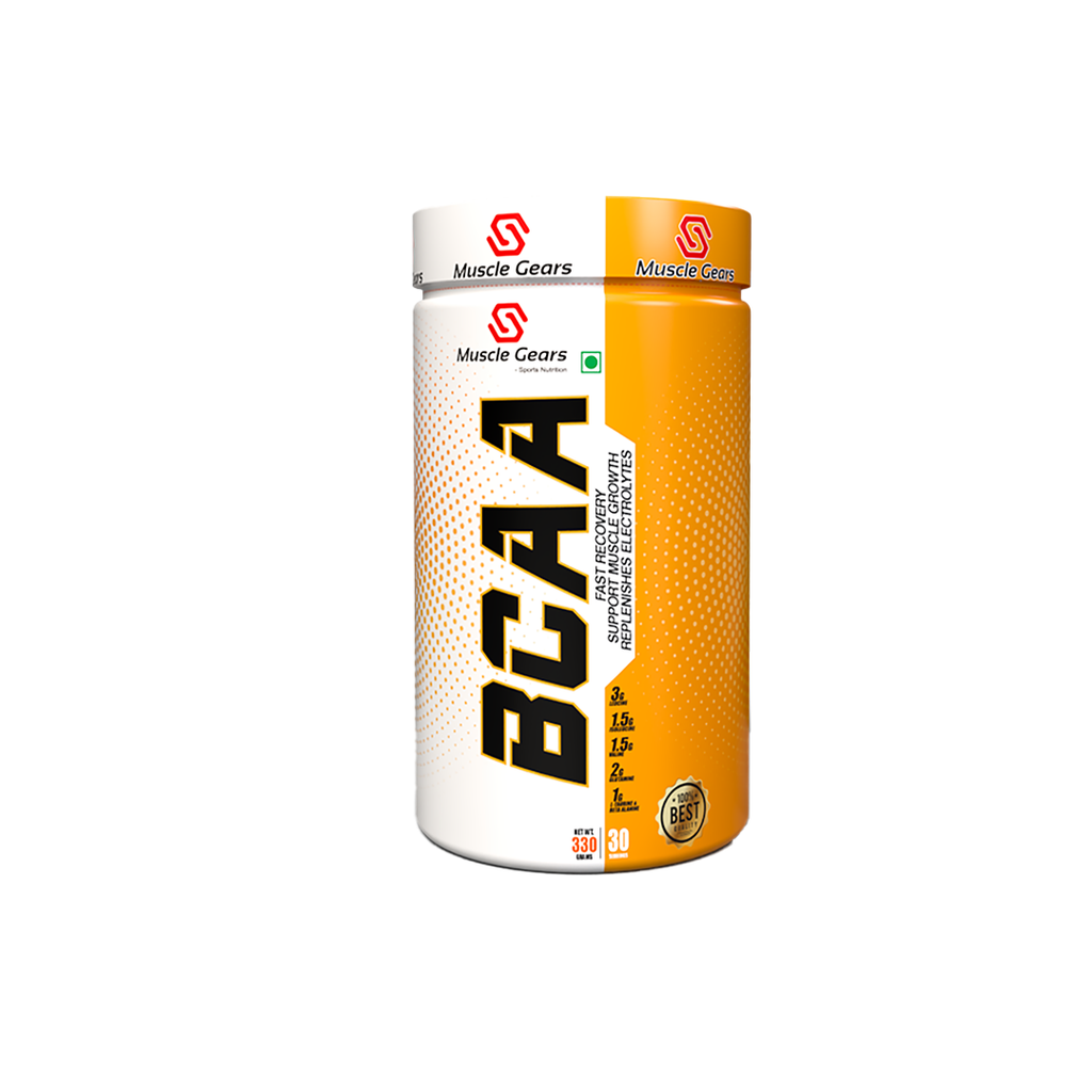A container of Muscle Gears BCAA supplement, primarily white and orange in color, with text detailing the product name and brand.