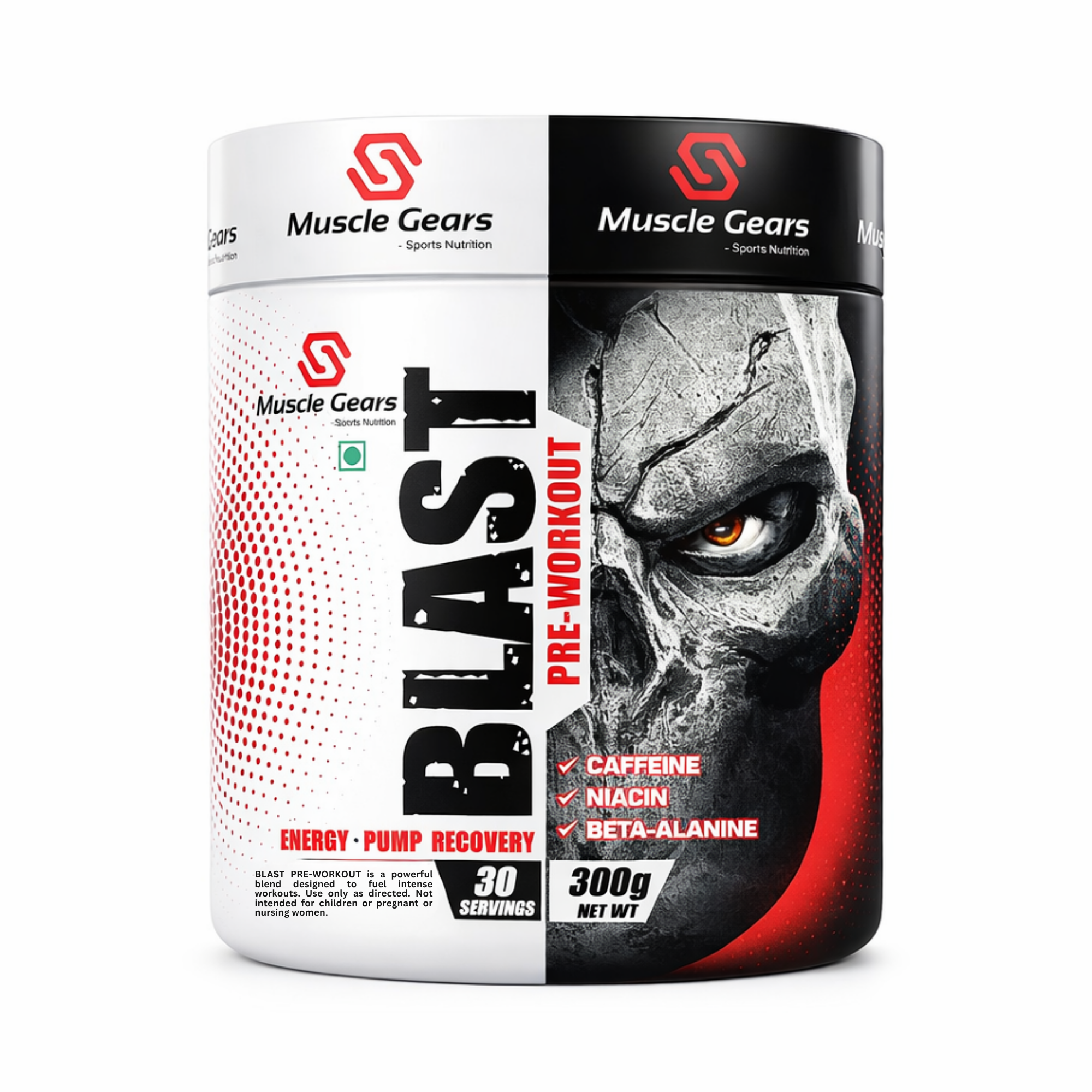 Muscle Gears Blast pre-workout supplement container with skull design on a white background