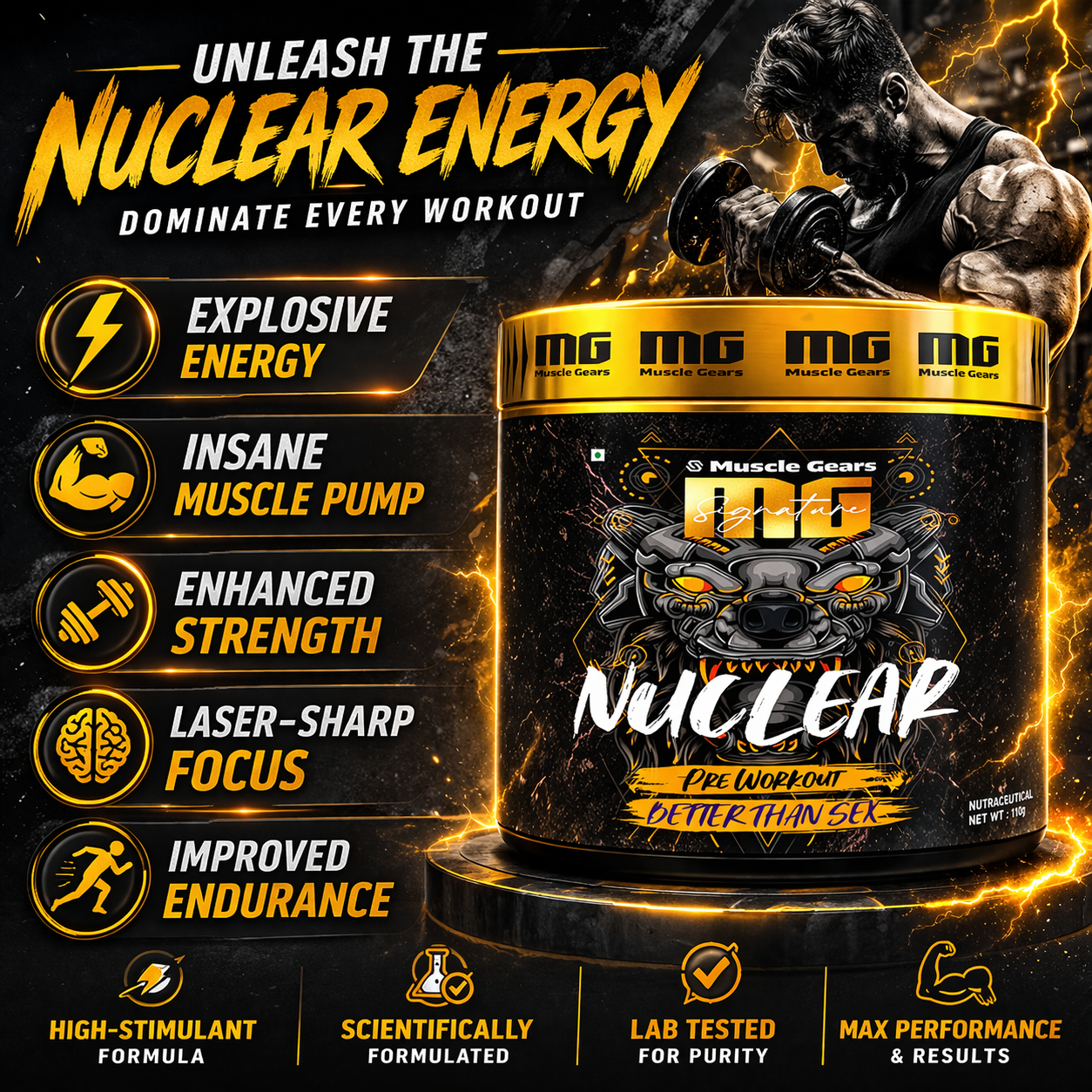 Muscle Gears Nuclear Pre-Workout Powder with Creatine HCL & AAKG | Energy, Strength & Workout Performance Support