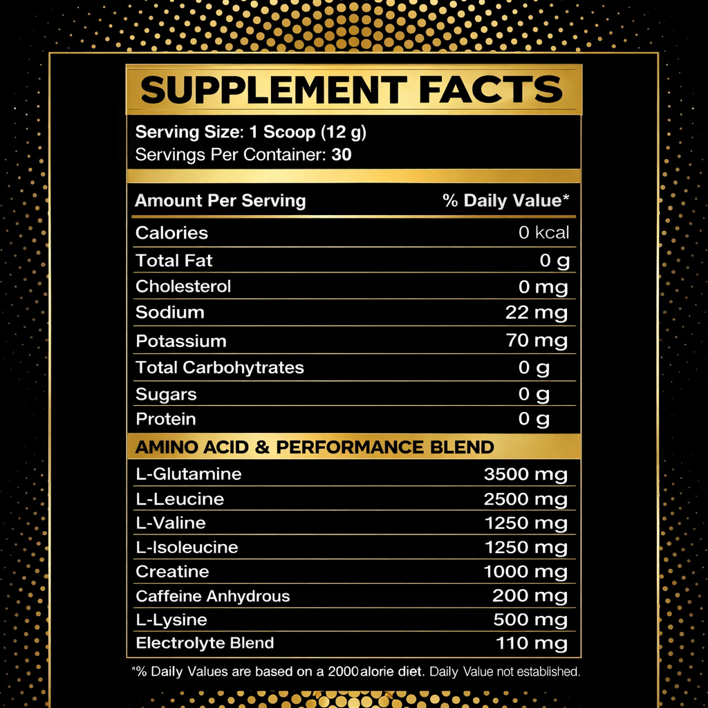 Supplement facts label with nutritional information on a black background