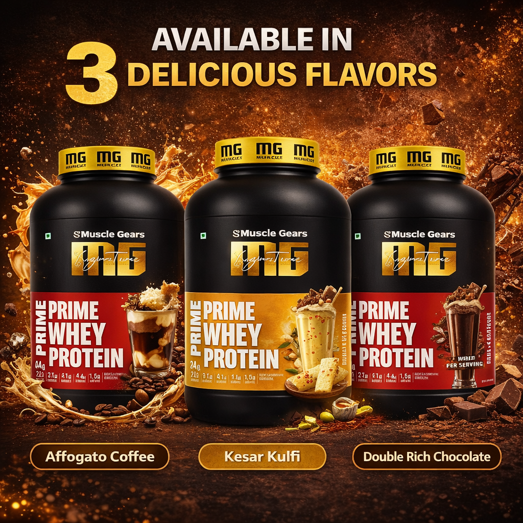 Three bottles of Muscle Gears Prime Whey Protein with flavor options on a dark background