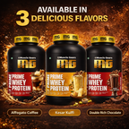 Three bottles of Muscle Gears Prime Whey Protein with flavor options on a dark background