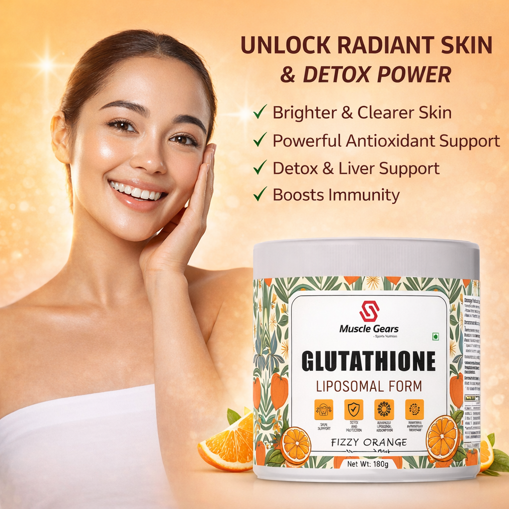 Muscle Gears Liposomal Glutathione Supplement – Advanced Antioxidant Support for Skin Radiance, Detox & Liver Health | L-Glutathione Reduced | Fizzy Orange Drink Mix | 180g