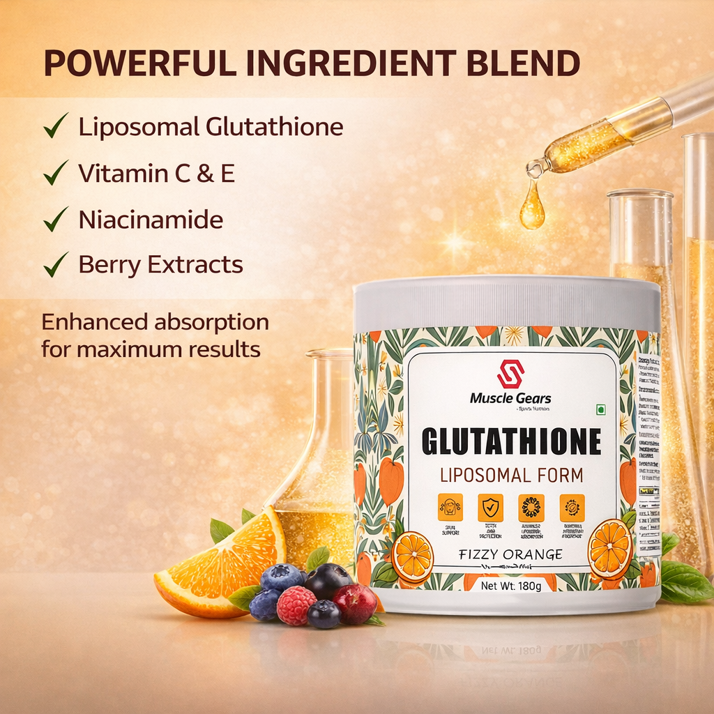 Muscle Gears Liposomal Glutathione Supplement – Advanced Antioxidant Support for Skin Radiance, Detox & Liver Health | L-Glutathione Reduced | Fizzy Orange Drink Mix | 180g