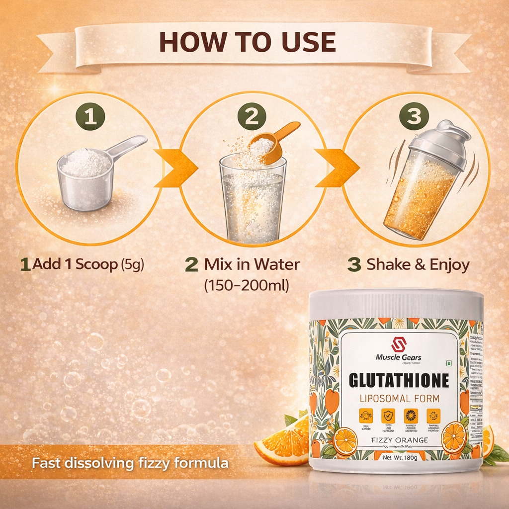 Muscle Gears Liposomal Glutathione Supplement – Advanced Antioxidant Support for Skin Radiance, Detox & Liver Health | L-Glutathione Reduced | Fizzy Orange Drink Mix | 180g