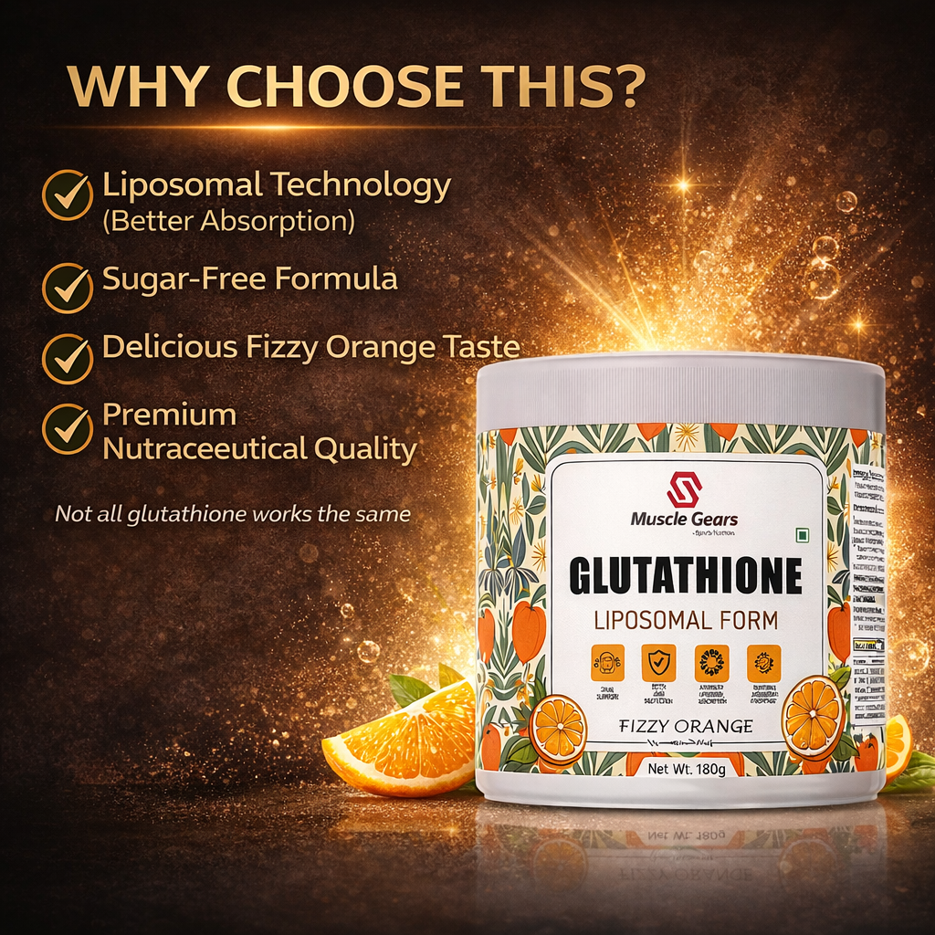 Muscle Gears Liposomal Glutathione Supplement – Advanced Antioxidant Support for Skin Radiance, Detox & Liver Health | L-Glutathione Reduced | Fizzy Orange Drink Mix | 180g