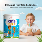 Child drinking a shake next to a 'Muscle Gears Kids Pro+' supplement container with a blue sky background.