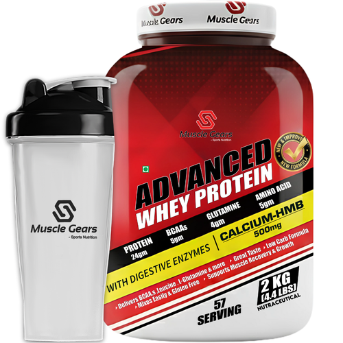 Muscle Gears Advanced Whey Protein container with a shaker bottle on a white background