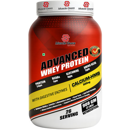 Muscle Gears Advanced Whey Protein container on a white background