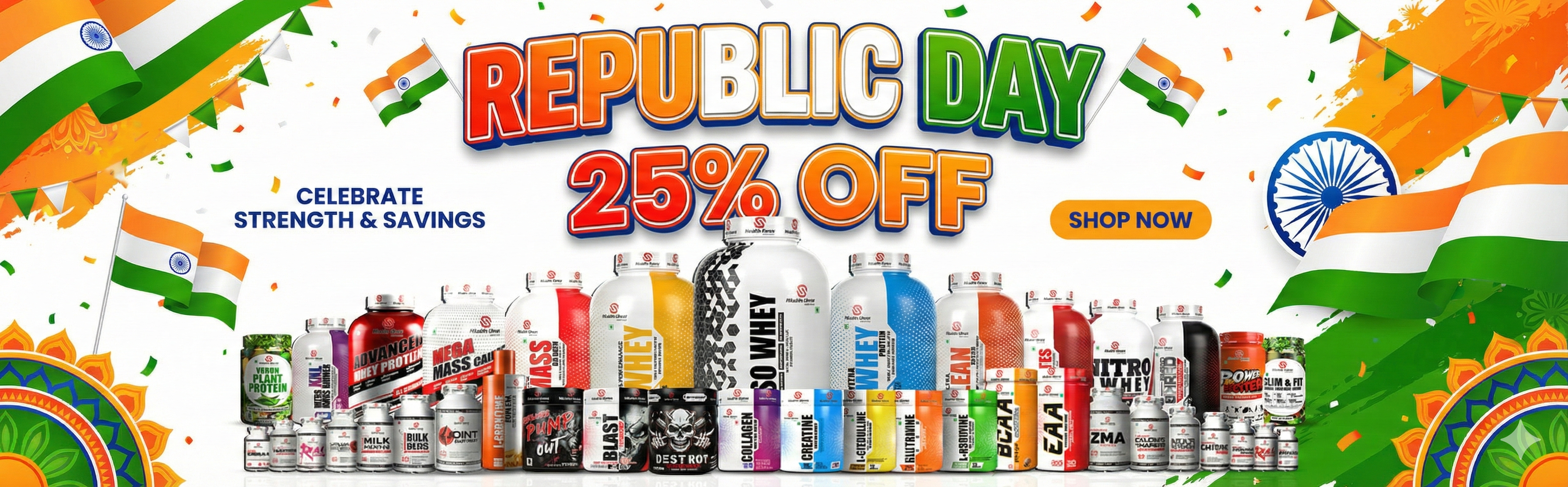Promotional banner for Republic Day with 25% off on protein supplements, featuring Indian flags and colors.