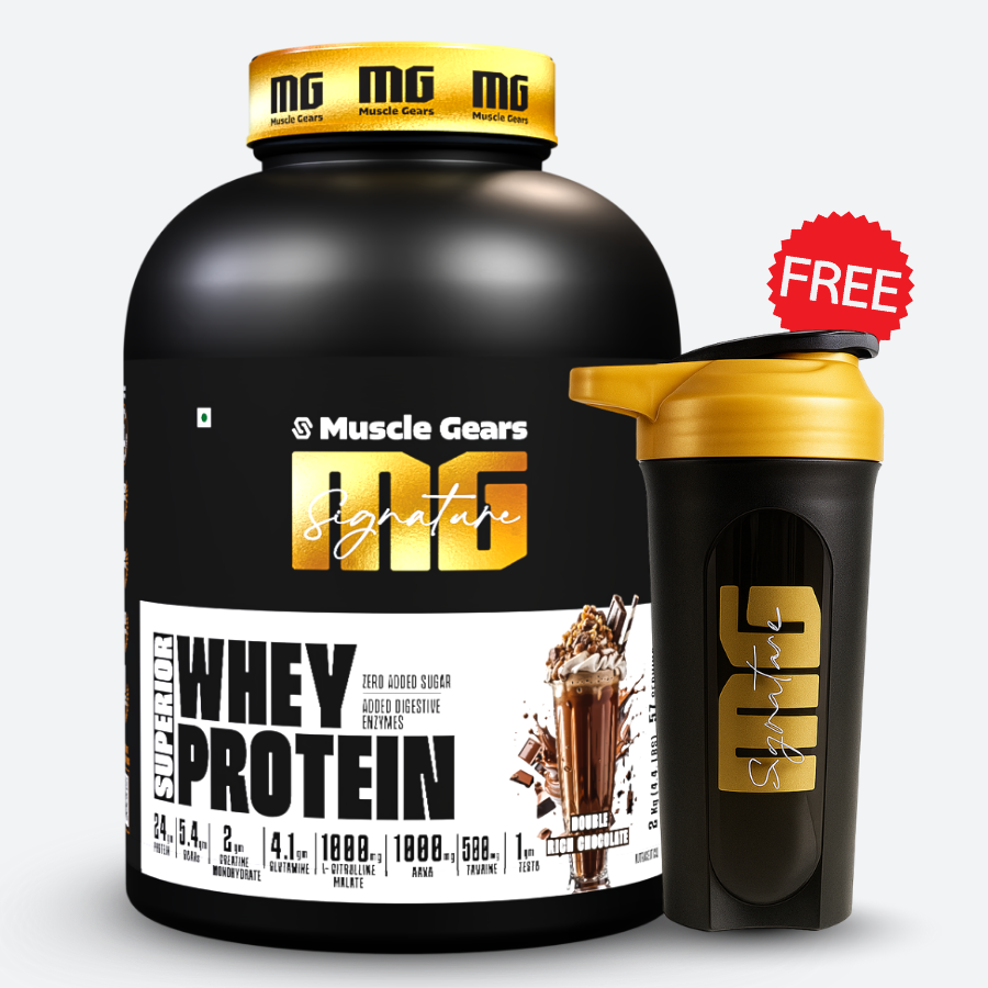 Muscle Gears whey protein container with a shaker bottle on a white background