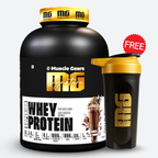 Muscle Gears whey protein container with a shaker bottle on a white background