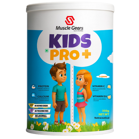 Muscle Gears Kids Pro+ supplement container with cartoon children on a white background