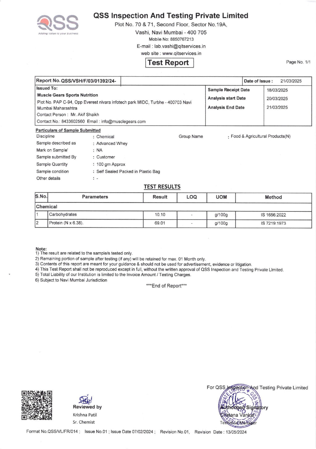 Test report from QSS Inspection and Testing Private Limited with various details and certifications.