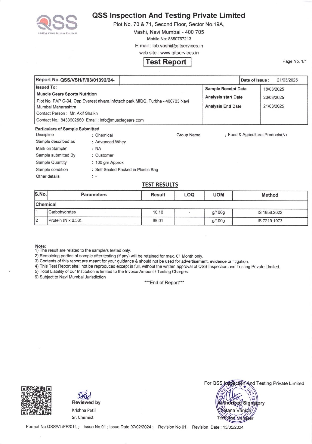 Test report from QSS Inspection and Testing Private Limited with various details and certifications.