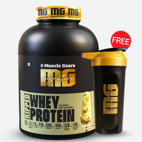 MG Muscle Gears Ripped whey protein supplement with shaker on a white background