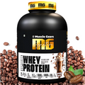 Muscle Gears whey protein supplement bottle with coffee beans on a white background