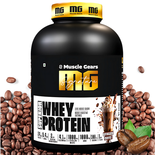 Muscle Gears whey protein supplement bottle with coffee beans on a white background