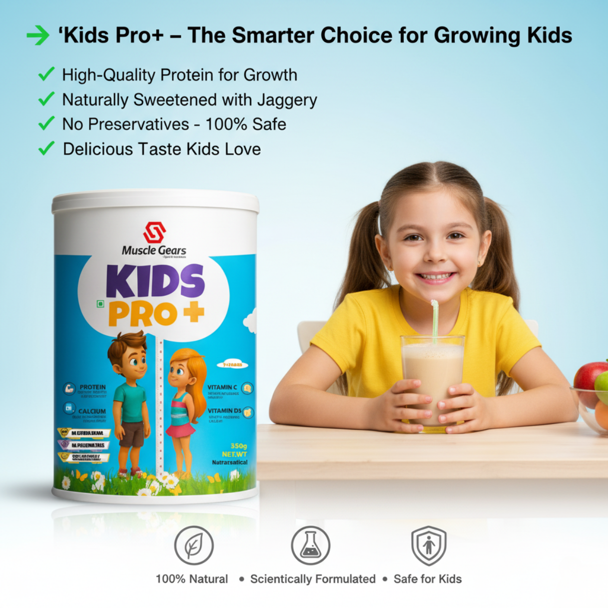 Muscle Gears Kids Pro+ supplement with a child drinking a shake, on a light blue background