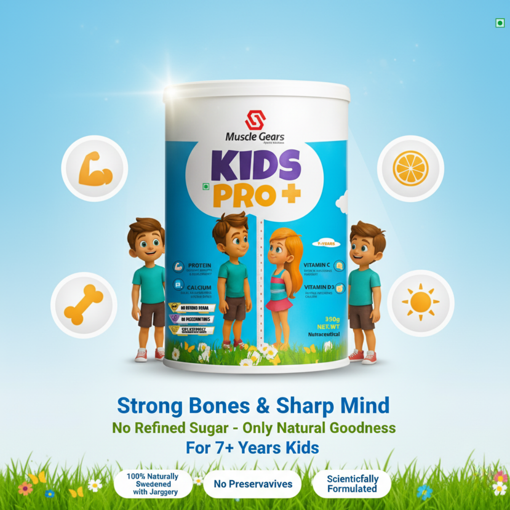 Muscle Gears Kids Pro+ supplement container with cartoon children on a grassy field background
