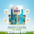 Muscle Gears Kids Pro+ supplement container with cartoon children on a grassy field background