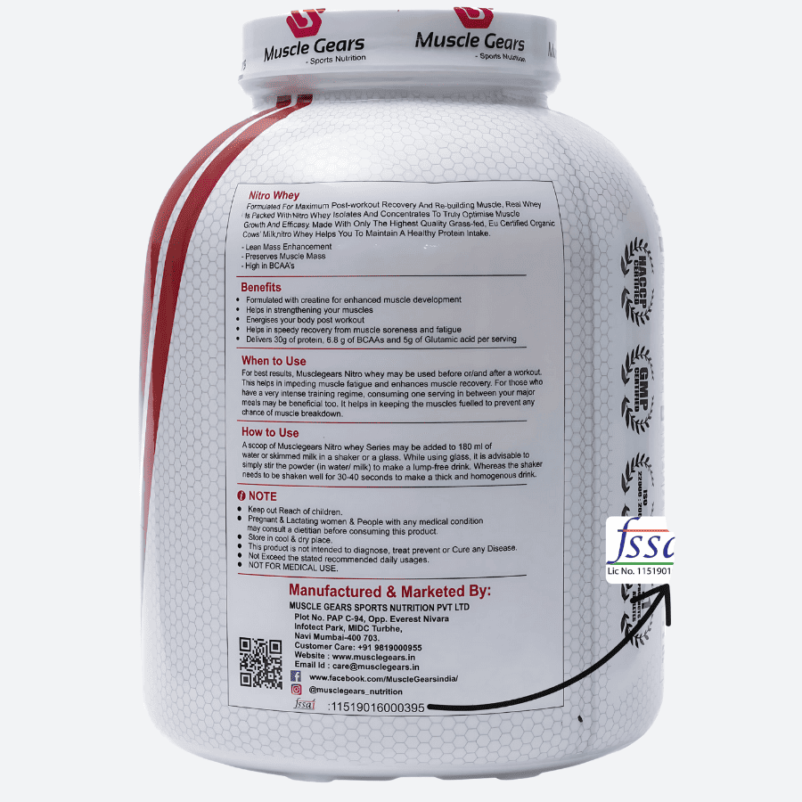 Back view of a protein supplement container with branding and text on a white background